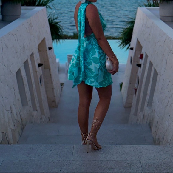 Turquoise Floral printed satin bodycon dress - Picture 1 of 6